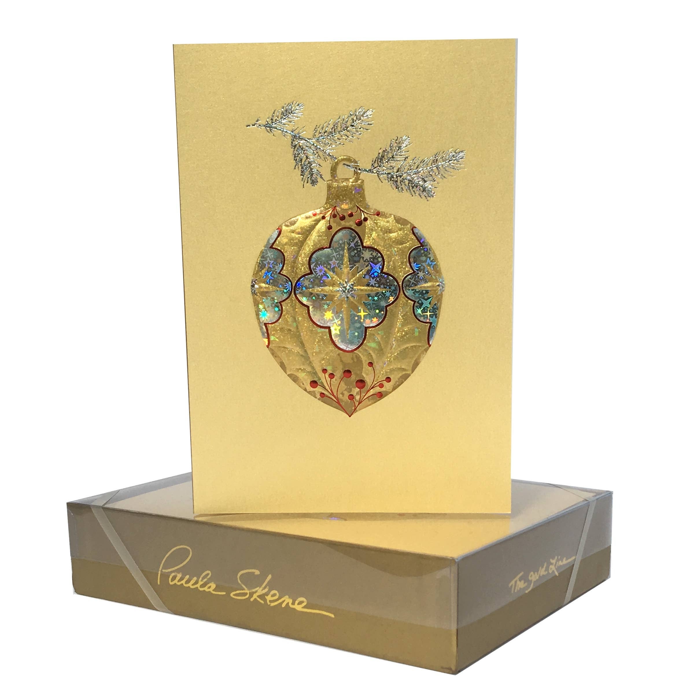 PAULA SKENE DESIGNS Holly Ornament on Gold Christmas Card